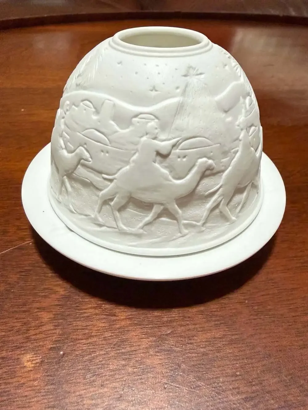 White Porcelain Nativity Scene Lithophane Tealight Candle Holder Lantern & Plate